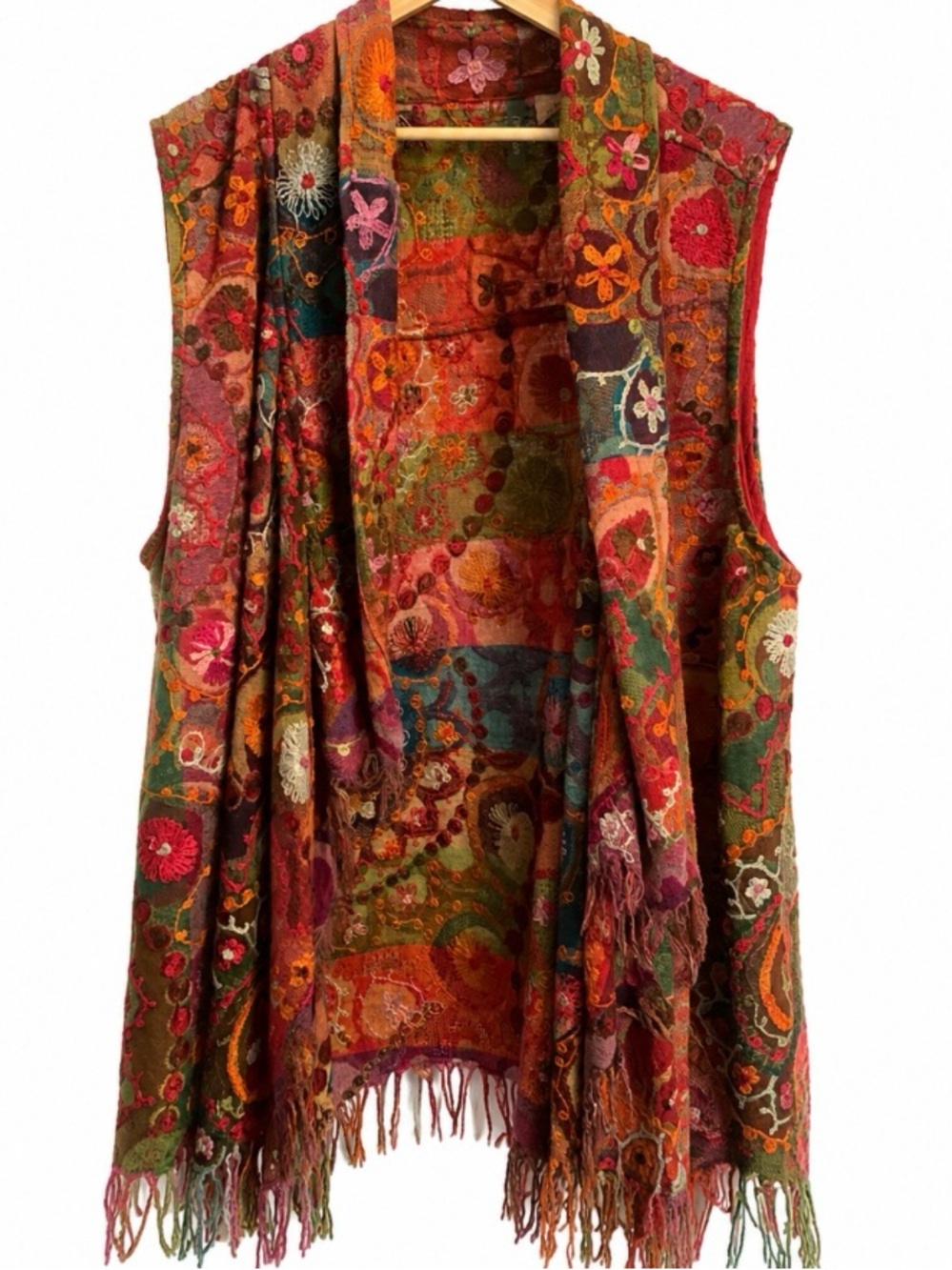 ANU 100% Wool multi color Embroidered Vest Open Front Fringe Trim L